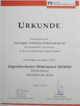 Urkunde zum Förderpreis der VVR-Bank 2014 für den Mitinitator der JOMM-Projekte