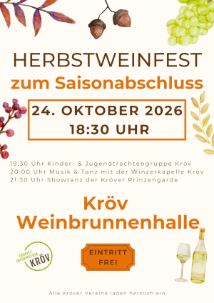 https://www.kroev.de/events-in-kroev/#/veranstaltungen/RPT/7f8f33dd-4928-4999-865c-40c63fad07ed/herbstweinfest-zum-saisonabschluss Herbstweinfest zum Saisonabschluss am 24.10.2026